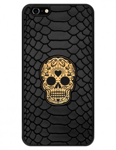 Etui premium skórzane, case na smartfon APPLE iPhone 6 PLUS. Skóra python czarna mat ze złotą czaszką.
