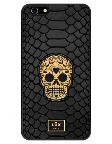Etui premium skórzane, case na smartfon APPLE iPhone 6 PLUS. Skóra python czarna mat ze złotą blaszką i złotą czaszką.