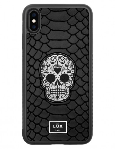 Etui premium skórzane, case na smartfon APPLE iPhone XS MAX. Skóra python czarna mat ze srebrną blaszką i srebrną czaszką.