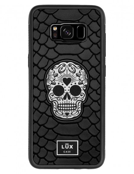 Etui premium skórzane, case na smartfon SAMSUNG GALAXY S8. Skóra python czarna mat ze srebrną blaszką i srebrną czaszką.