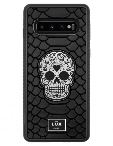 Etui premium skórzane, case na smartfon SAMSUNG GALAXY S10. Skóra python czarna mat ze srebrną blaszką i srebrną czaszką.