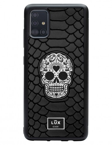 Etui premium skórzane, case na smartfon SAMSUNG GALAXY A51. Skóra python czarna mat ze srebrną blaszką i srebrną czaszką.