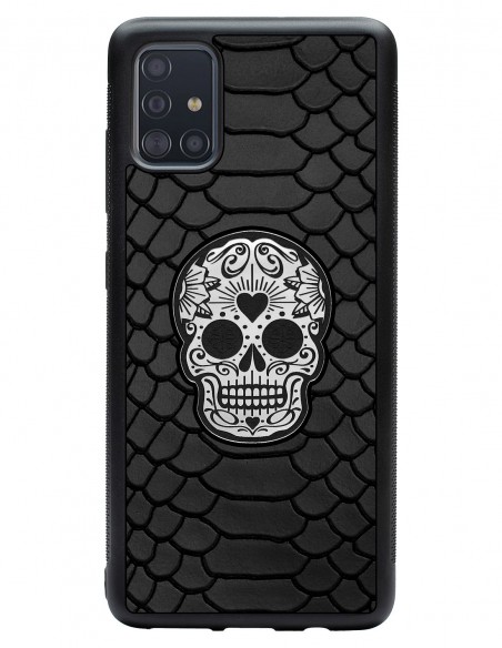 Etui premium skórzane, case na smartfon SAMSUNG GALAXY A51. Skóra python czarna mat ze srebrną czaszką.
