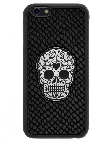 Etui premium skórzane, case na smartfon APPLE iPhone 6S. Skóra iguana czarna ze srebrną czaszką.