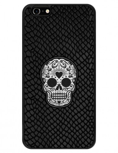 Etui premium skórzane, case na smartfon APPLE iPhone 6 PLUS. Skóra iguana czarna ze srebrną czaszką.