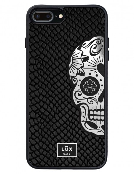 Etui premium skórzane, case na smartfon APPLE iPhone 7 PLUS. Skóra iguana czarna ze srebrną blaszką i srebrną czaszką.