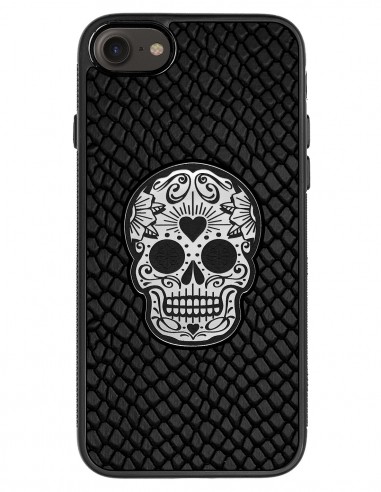 Etui premium skórzane, case na smartfon APPLE iPhone 7. Skóra iguana czarna ze srebrną czaszką.