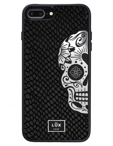 Etui premium skórzane, case na smartfon APPLE iPhone 8 PLUS. Skóra iguana czarna ze srebrną blaszką i srebrną czaszką.