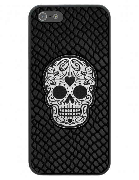 Etui premium skórzane, case na smartfon APPLE iPhone 5. Skóra iguana czarna ze srebrną czaszką.