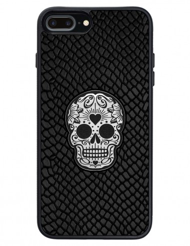 Etui premium skórzane, case na smartfon APPLE iPhone 7 PLUS. Skóra iguana czarna ze srebrną czaszką.