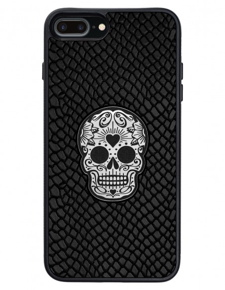 Etui premium skórzane, case na smartfon APPLE iPhone 7 PLUS. Skóra iguana czarna ze srebrną czaszką.