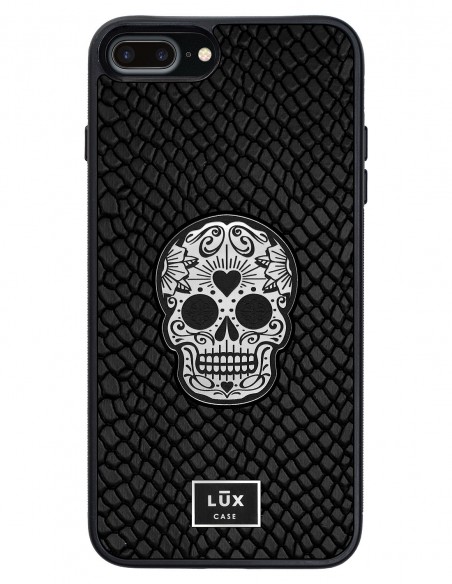 Etui premium skórzane, case na smartfon APPLE iPhone 8 PLUS. Skóra iguana czarna ze srebrną blaszką i srebrną czaszką.
