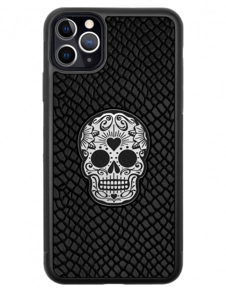 Etui premium skórzane, case na smartfon APPLE iPhone 11 PRO MAX. Skóra iguana czarna ze srebrną czaszką.