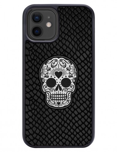 Etui premium skórzane, case na smartfon APPLE iPhone 12. Skóra iguana czarna ze srebrną czaszką.