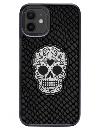 Etui premium skórzane, case na smartfon APPLE iPhone 12 MINI. Skóra iguana czarna ze srebrną czaszką.