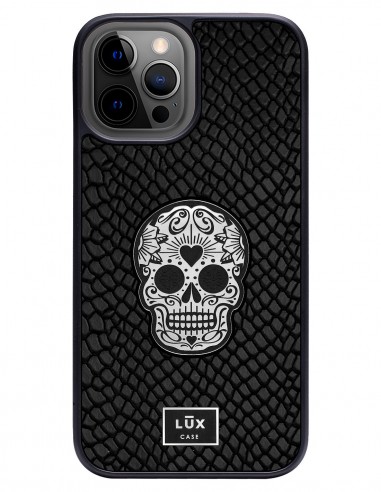 Etui premium skórzane, case na smartfon APPLE iPhone 12 PRO MAX. Skóra iguana czarna ze srebrną blaszką i srebrną czaszką.