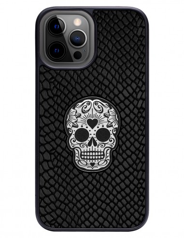Etui premium skórzane, case na smartfon APPLE iPhone 12 PRO MAX. Skóra iguana czarna ze srebrną czaszką.