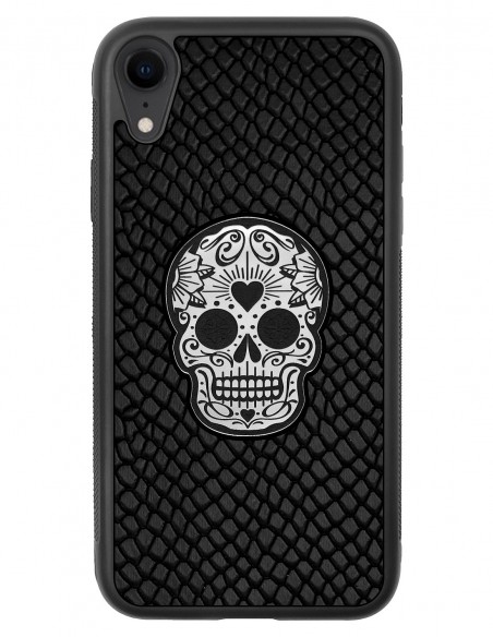 Etui premium skórzane, case na smartfon APPLE iPhone XR. Skóra iguana czarna ze srebrną czaszką.
