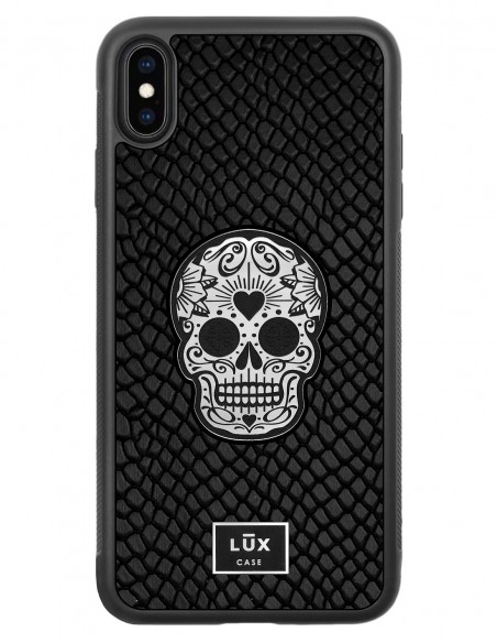 Etui premium skórzane, case na smartfon APPLE iPhone XS MAX. Skóra iguana czarna ze srebrną blaszką i srebrną czaszką.