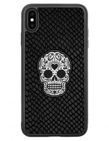 Etui premium skórzane, case na smartfon APPLE iPhone XS MAX. Skóra iguana czarna ze srebrną czaszką.