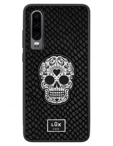 Etui premium skórzane, case na smartfon HUAWEI P30. Skóra iguana czarna ze srebrną blaszką i srebrną czaszką.