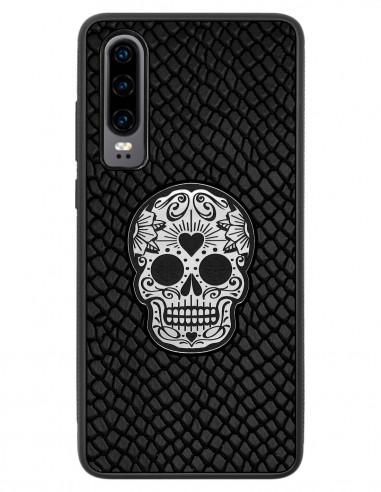 Etui premium skórzane, case na smartfon HUAWEI P30. Skóra iguana czarna ze srebrną czaszką.