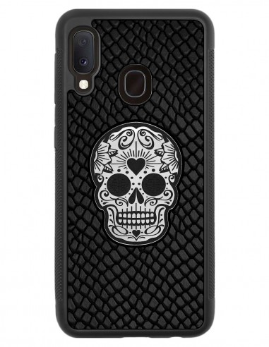 Etui premium skórzane, case na smartfon SAMSUNG GALAXY A20E. Skóra iguana czarna ze srebrną czaszką.