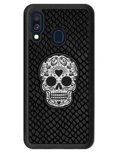 Etui premium skórzane, case na smartfon SAMSUNG GALAXY A40. Skóra iguana czarna ze srebrną czaszką.