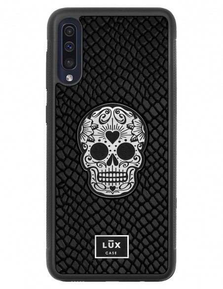 Etui premium skórzane, case na smartfon SAMSUNG GALAXY A50. Skóra iguana czarna ze srebrną blaszką i srebrną czaszką.