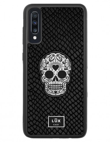 Etui premium skórzane, case na smartfon SAMSUNG GALAXY A70. Skóra iguana czarna ze srebrną blaszką i czaszką.