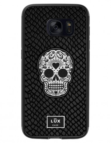 Etui premium skórzane, case na smartfon SAMSUNG GALAXY S7. Skóra iguana czarna ze srebrną blaszką i czaszką.