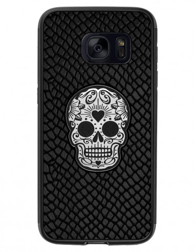 Etui premium skórzane, case na smartfon SAMSUNG GALAXY S7. Skóra iguana czarna ze srebrną czaszką.