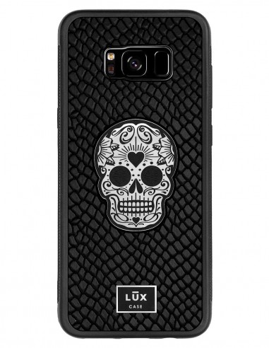 Etui premium skórzane, case na smartfon SAMSUNG GALAXY S8 PLUS. Skóra iguana czarna ze srebrną blaszką i czaszką.