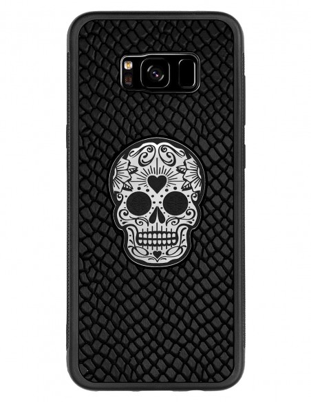 Etui premium skórzane, case na smartfon SAMSUNG GALAXY S8 PLUS. Skóra iguana czarna ze srebrną czaszką.