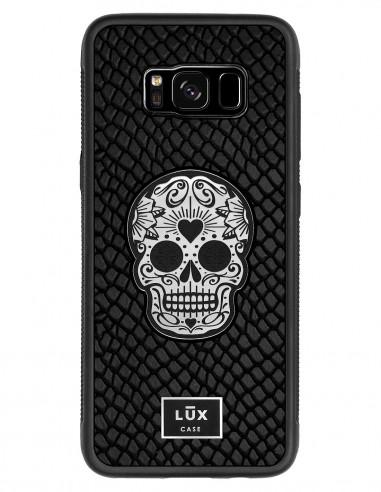 Etui premium skórzane, case na smartfon SAMSUNG GALAXY S8. Skóra iguana czarna ze srebrną blaszką i czaszką.