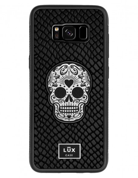 Etui premium skórzane, case na smartfon SAMSUNG GALAXY S8. Skóra iguana czarna ze srebrną blaszką i czaszką.