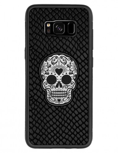 Etui premium skórzane, case na smartfon SAMSUNG GALAXY S8. Skóra iguana czarna ze srebrną czaszką.
