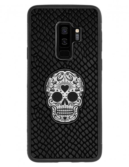 Etui premium skórzane, case na smartfon SAMSUNG GALAXY S9 PLUS. Skóra iguana czarna ze srebrną czaszką.