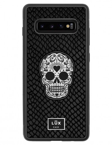 Etui premium skórzane, case na smartfon SAMSUNG GALAXY S10 PLUS. Skóra iguana czarna ze srebrną blaszką i czaszką.