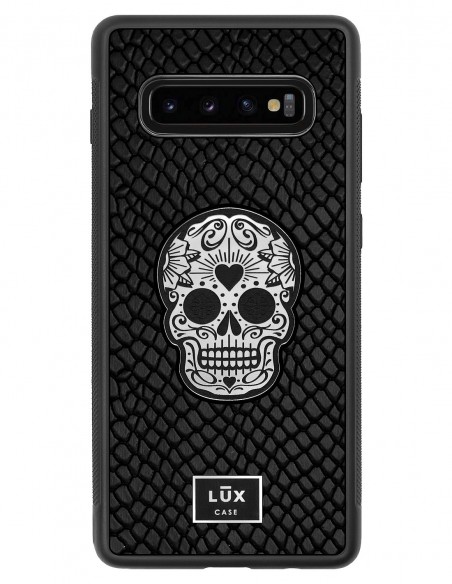 Etui premium skórzane, case na smartfon SAMSUNG GALAXY S10 PLUS. Skóra iguana czarna ze srebrną blaszką i czaszką.