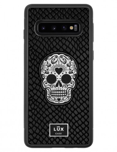 Etui premium skórzane, case na smartfon SAMSUNG GALAXY S10. Skóra iguana czarna ze srebrną blaszką i czaszką.