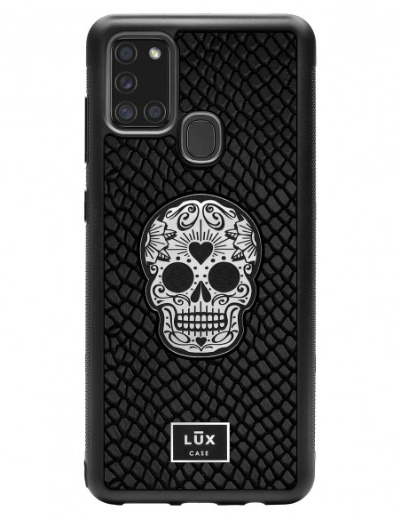 Etui premium skórzane, case na smartfon SAMSUNG GALAXY A21S. Skóra iguana czarna ze srebrną blaszką i czaszką.
