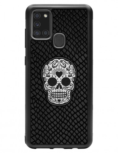 Etui premium skórzane, case na smartfon SAMSUNG GALAXY A21S. Skóra iguana czarna ze srebrną czaszką.