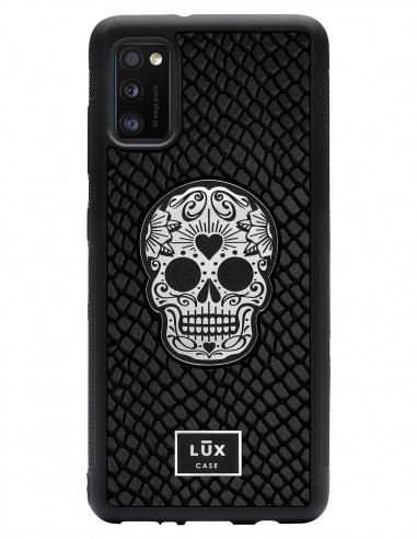 Etui premium skórzane, case na smartfon SAMSUNG GALAXY A41. Skóra iguana czarna ze srebrną blaszką i czaszką.