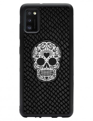 Etui premium skórzane, case na smartfon SAMSUNG GALAXY A41. Skóra iguana czarna ze srebrną czaszką.