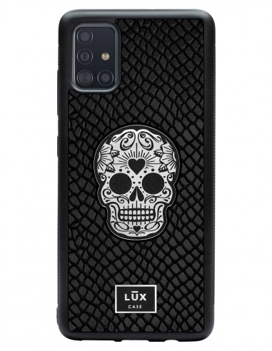 Etui premium skórzane, case na smartfon SAMSUNG GALAXY A51. Skóra iguana czarna ze srebrną blaszką i czaszką.