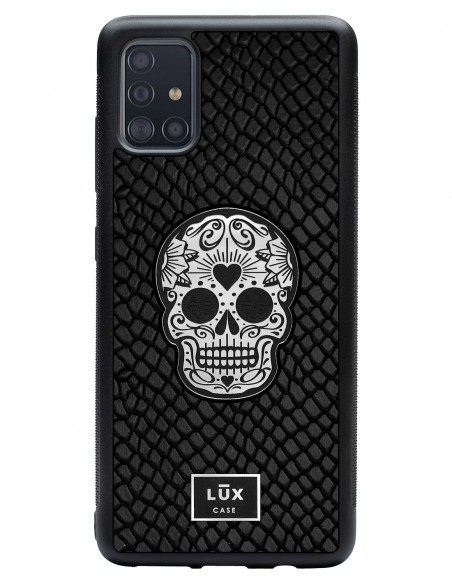 Etui premium skórzane, case na smartfon SAMSUNG GALAXY A51. Skóra iguana czarna ze srebrną blaszką i czaszką.
