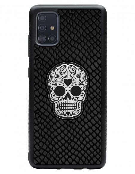 Etui premium skórzane, case na smartfon SAMSUNG GALAXY A51. Skóra iguana czarna ze srebrną czaszką.