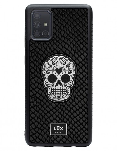 Etui premium skórzane, case na smartfon SAMSUNG GALAXY A71. Skóra iguana czarna ze srebrną blaszką i czaszką.