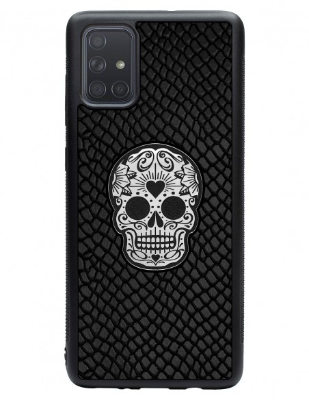 Etui premium skórzane, case na smartfon SAMSUNG GALAXY A71. Skóra iguana czarna ze srebrną czaszką.